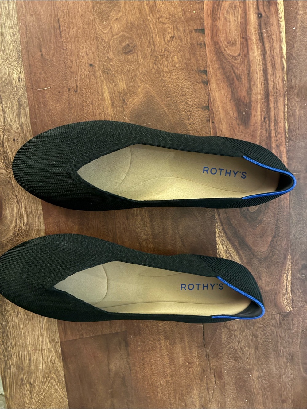 Size 9.5 Rothy's Black Pointed-Toe Flats with Blue Trim
